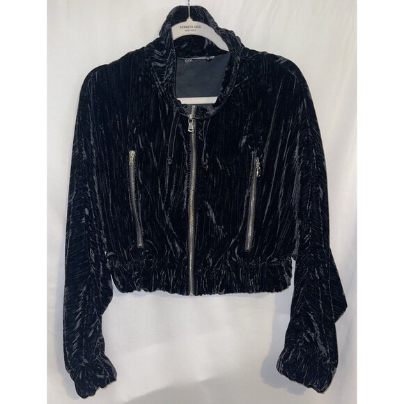 Zara Jacket Cropped Black Ribbed Velour High Neck Zipper Pockets Women’s Size XL - Picture 1 of 9